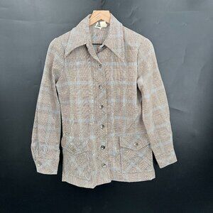 vintage Solo's eclectic grandpa blazer tan blue houndstooth plaid hipster M